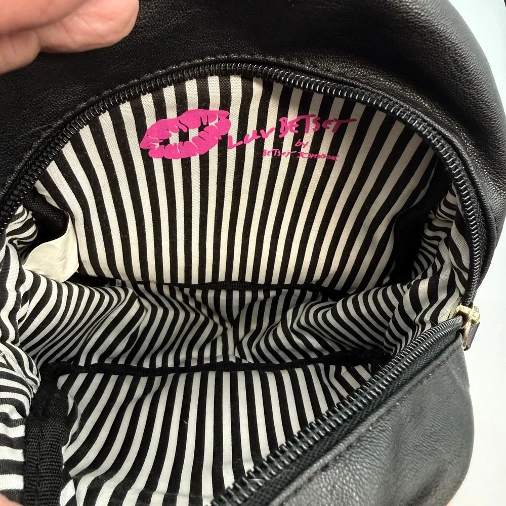 LUV‎ Betsey by Betsey Johnson Pink Black Quilted Mini Backpack Gold Lip Charm